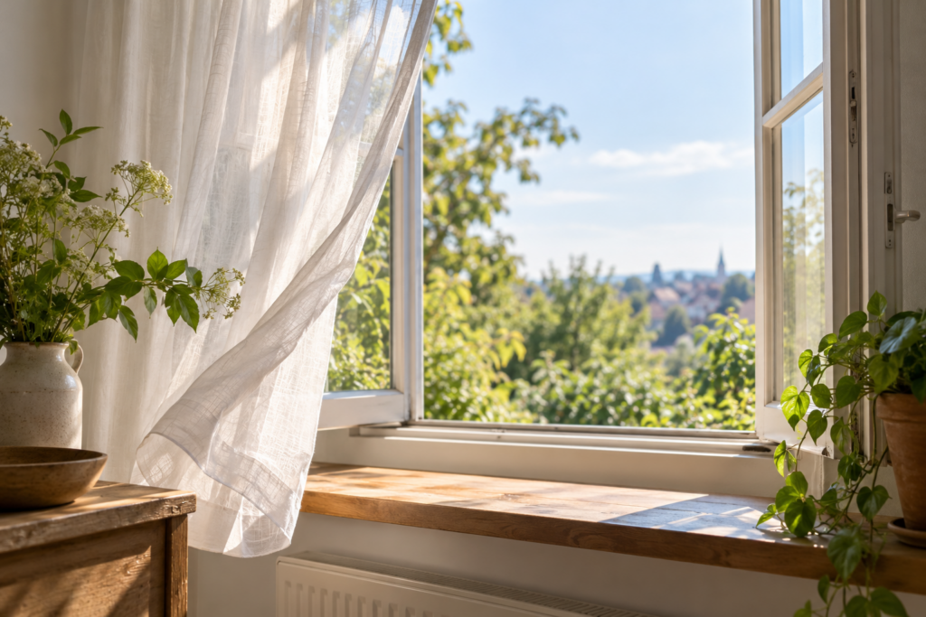 Ein geöffnetes Fenster mit einem leicht bewegten hellen Vorhang in einem Wohnraum.