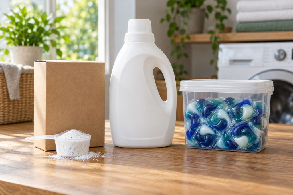 Ein neutraler Waschmittelkarton mit Messlöffel, eine Flasche und eine geschlossene Dose mit Waschmittelkapseln stehen nebeneinander.