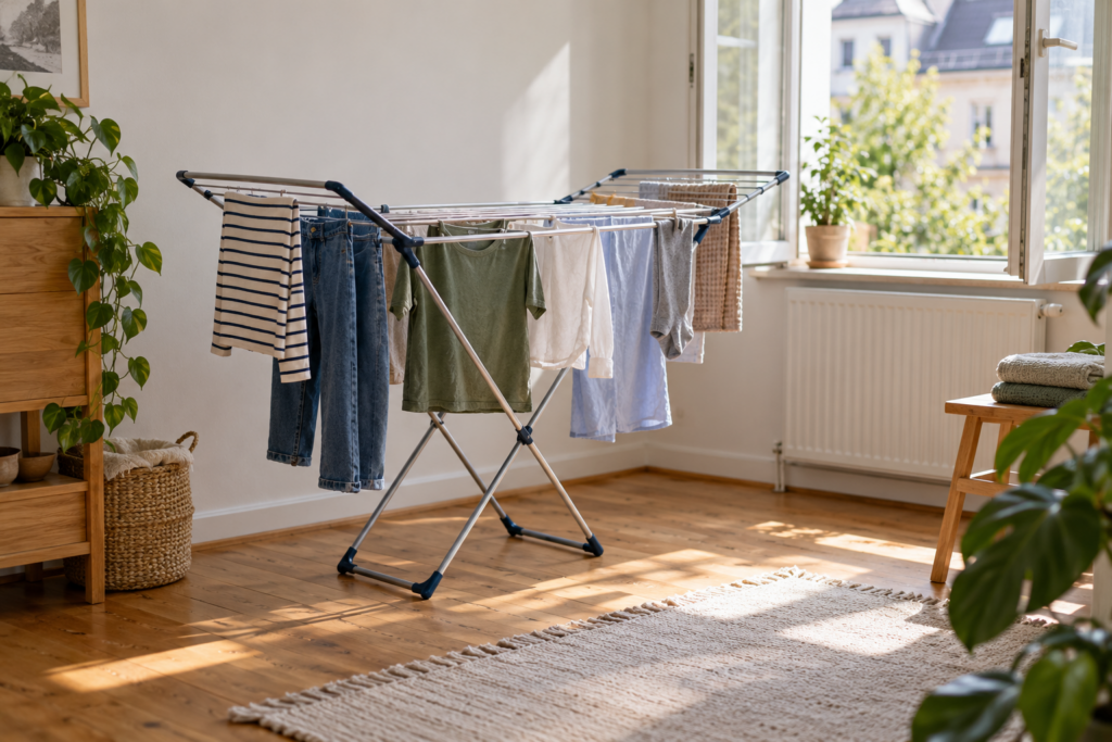 Ein Wäscheständer mit auseinandergehängten Kleidungsstücken steht in einem hellen Wohnraum vor einem geöffneten Fenster.