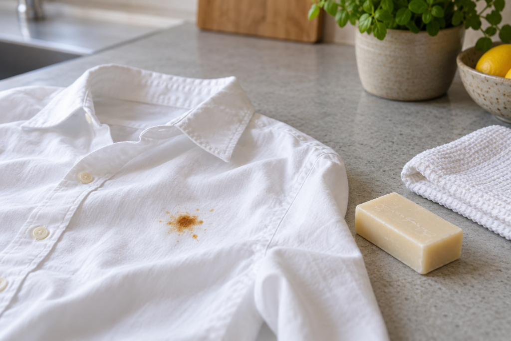 Weißes Baumwollhemd mit kleinem braunem Fleck neben einem schlichten Seifenstück und einem weißen Tuch.