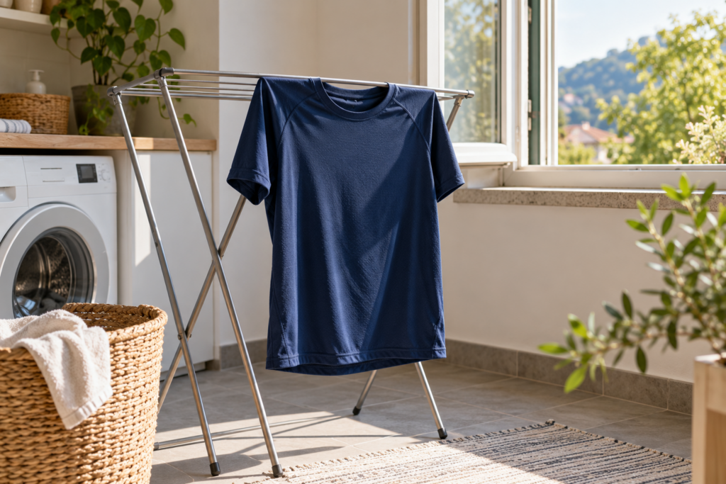 Dunkelblaues Sportshirt auf einem Wäscheständer vor einem geöffneten Fenster.