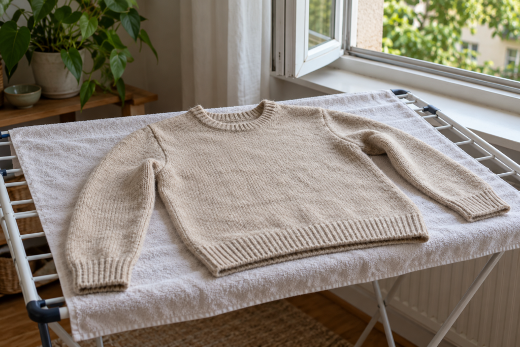 Heller Strickpullover, flach auf einem Handtuch auf einem Wäscheständer ausgebreitet.