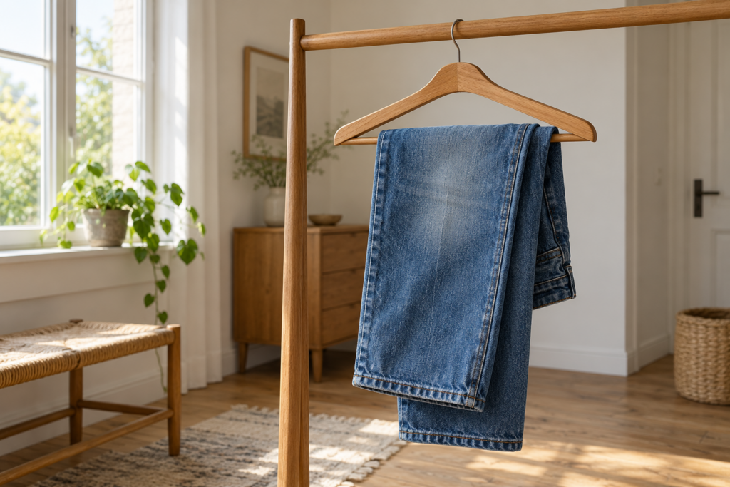 Blaue Jeans über dem breiten Quersteg eines glatten Holzbügels vor einem Fenster.