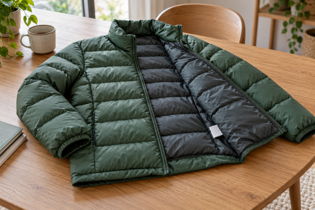 Geöffnete wattierte Jacke mit einem kleinen Innenetikett auf einem sauberen Holztisch.
