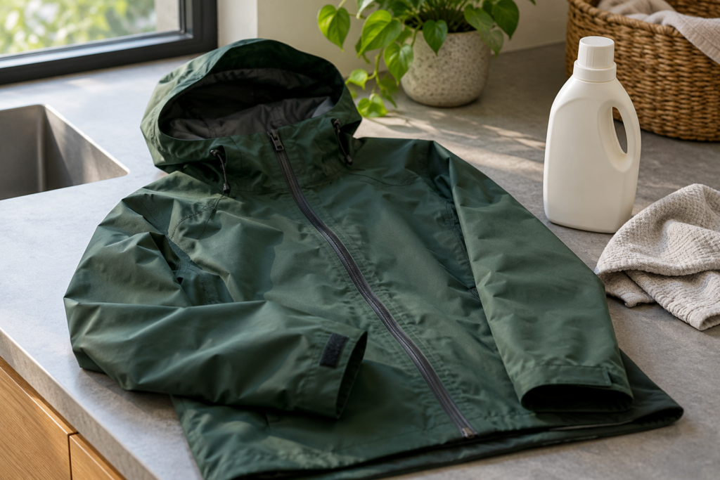 Dunkelgrüne Regenjacke neben einem Tuch und einer unbeschrifteten geschlossenen Pflegeflasche.