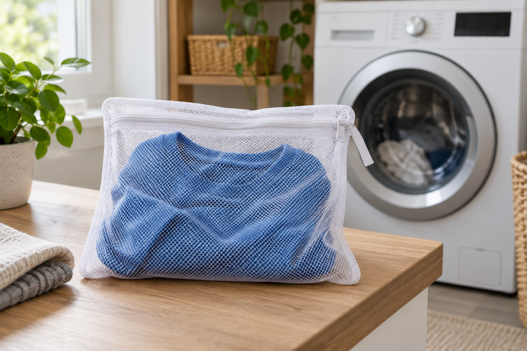 Geschlossener weißer Netzwaschbeutel mit blauem Shirt vor einer Waschmaschine.