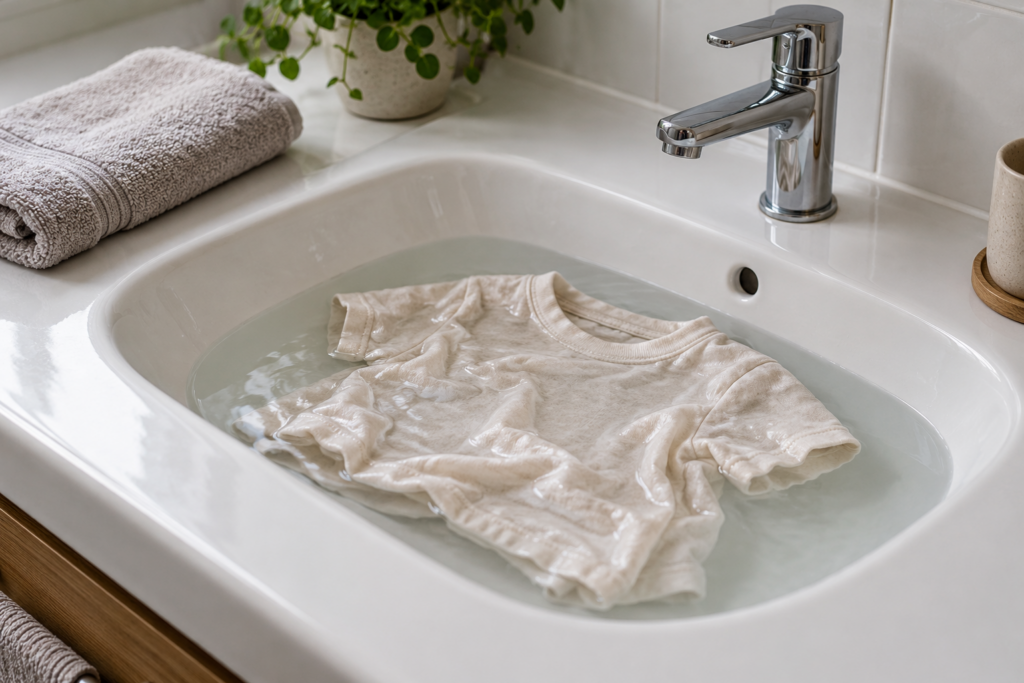Helles T-Shirt im mit Wasser gefüllten Waschbecken bei geschlossenem Wasserhahn, daneben ein gefaltetes Handtuch.