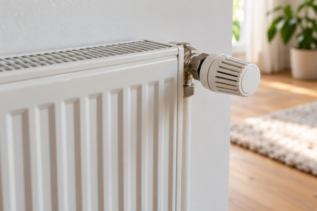 Weißer Heizkörper mit seitlich angeschlossenem mechanischem Thermostat in einem Wohnraum.