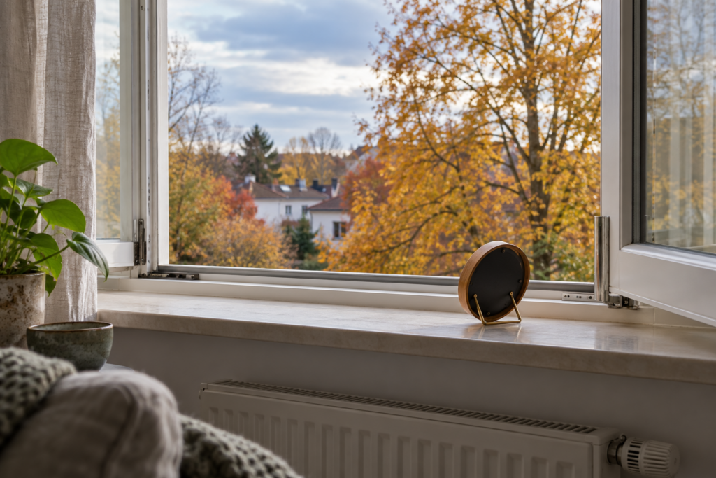 Weit geöffnetes Fenster im Herbst mit einem von hinten sichtbaren runden Messgerät auf der Fensterbank.