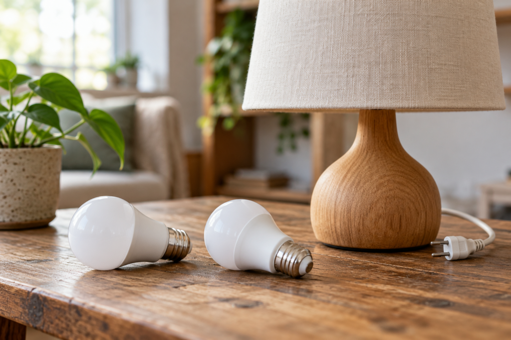 Zwei LED-Leuchtmittel neben einer ausgeschalteten Tischleuchte mit gezogenem Netzstecker.