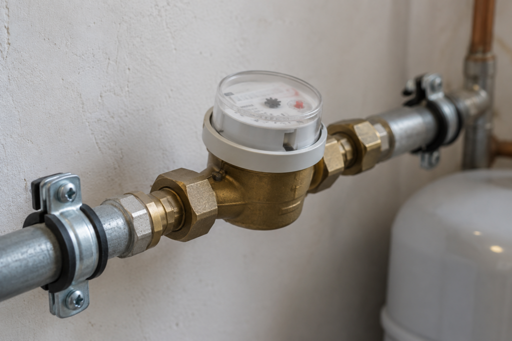 Wasserzähler in einer waagerechten Metallleitung an einer hellen Wand, schräg fotografiert mit unscharfem Zifferblatt.