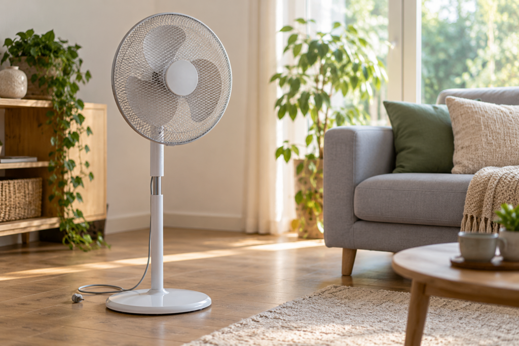 Weißer Standventilator mit Schutzgitter steht neben einem Sofa; sein Stecker liegt auf dem Boden.