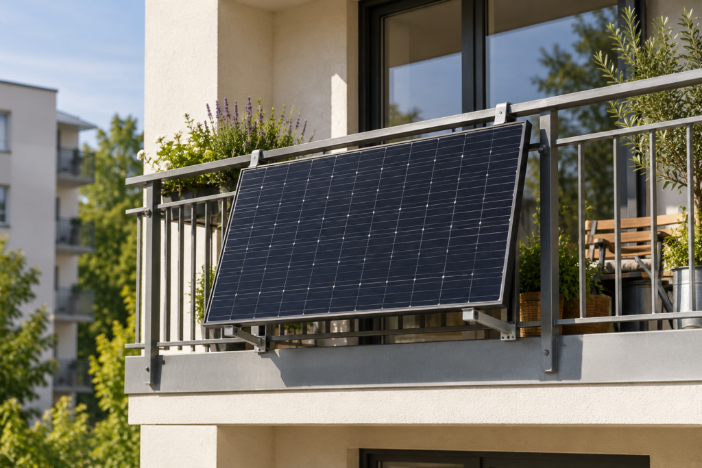 Ein dunkles Solarmodul mit sichtbaren Metallhalterungen an einem Balkongeländer.