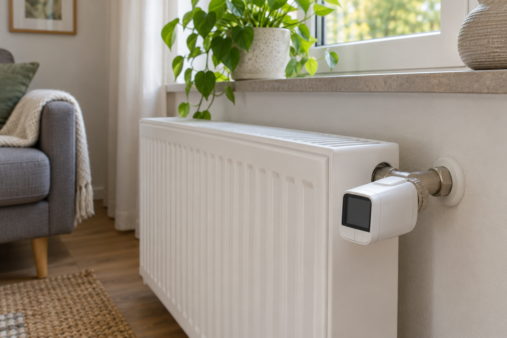 Elektronischer Thermostatkopf mit dunklem Display am seitlichen Ventil eines weißen Heizkörpers.