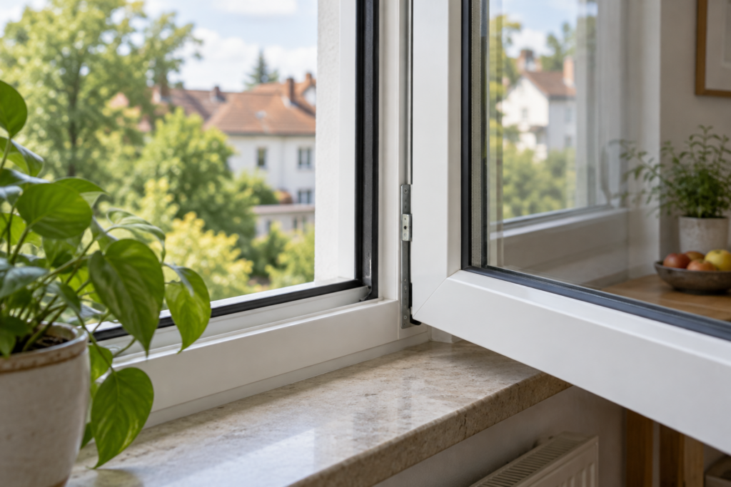 Geöffneter weißer Fensterflügel mit sichtbarer dunkler Dichtung im Rahmen.