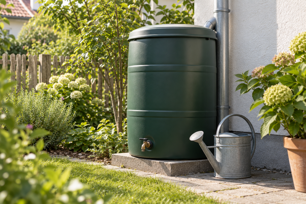 Geschlossene grüne Regentonne mit niedrig angebrachtem Wasserhahn neben einer Gießkanne an einer Hauswand.