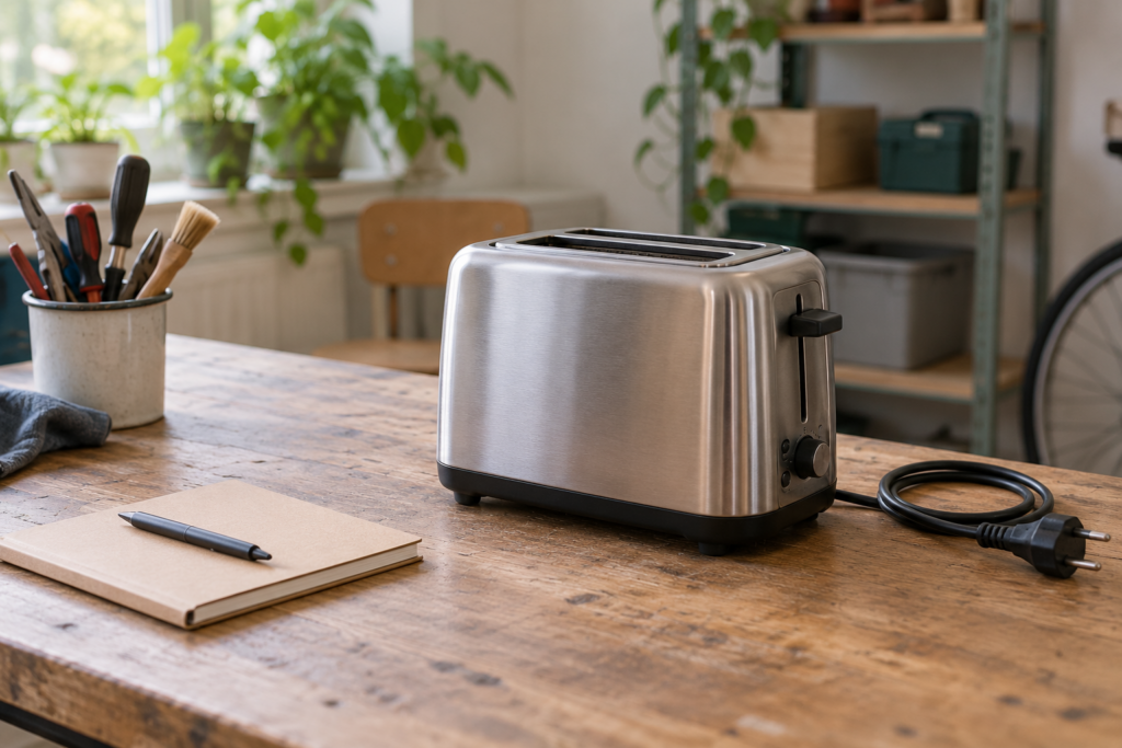 Geschlossener Toaster mit aufgewickeltem Kabel und gezogenem Stecker auf einem Reparaturtisch neben einem Notizbuch.