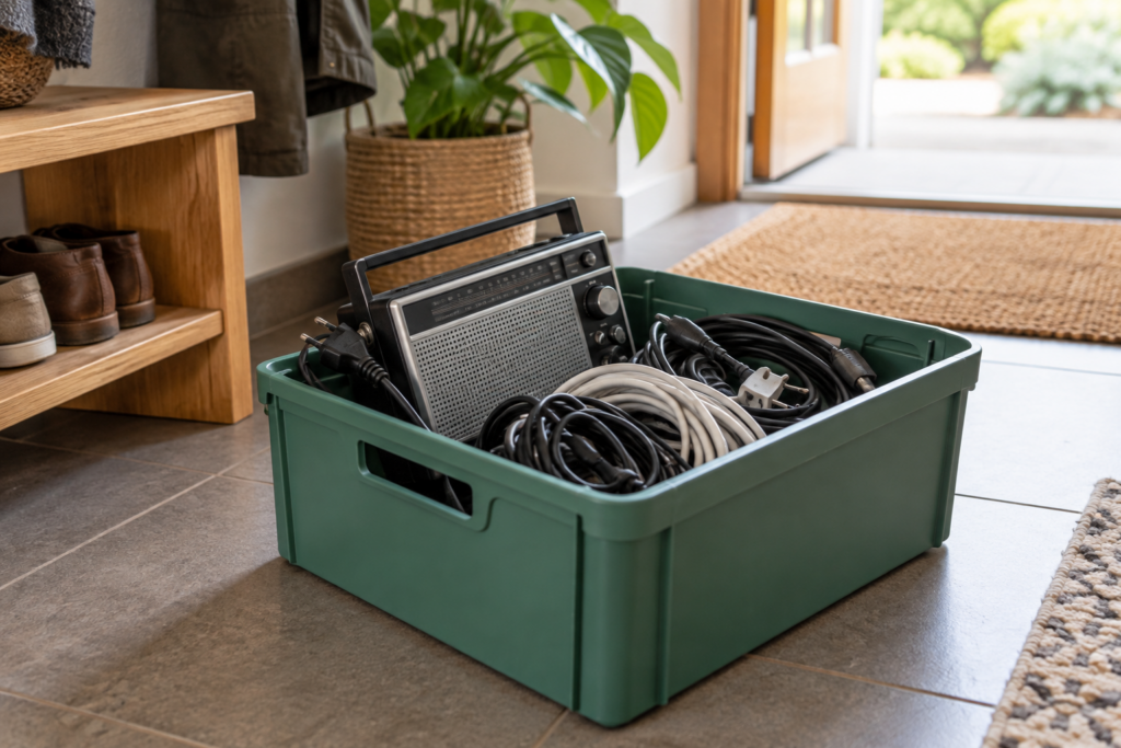 Altes tragbares Radio und lose aufgewickelte Kabel in einer grünen Sammelkiste im Flur.