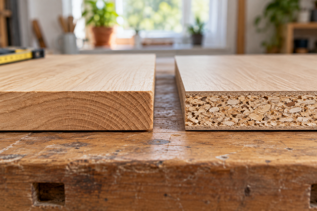 Zwei Plattenkanten zeigen links die Maserung von Massivholz und rechts die sichtbaren Holzspäne einer beschichteten Spanplatte.