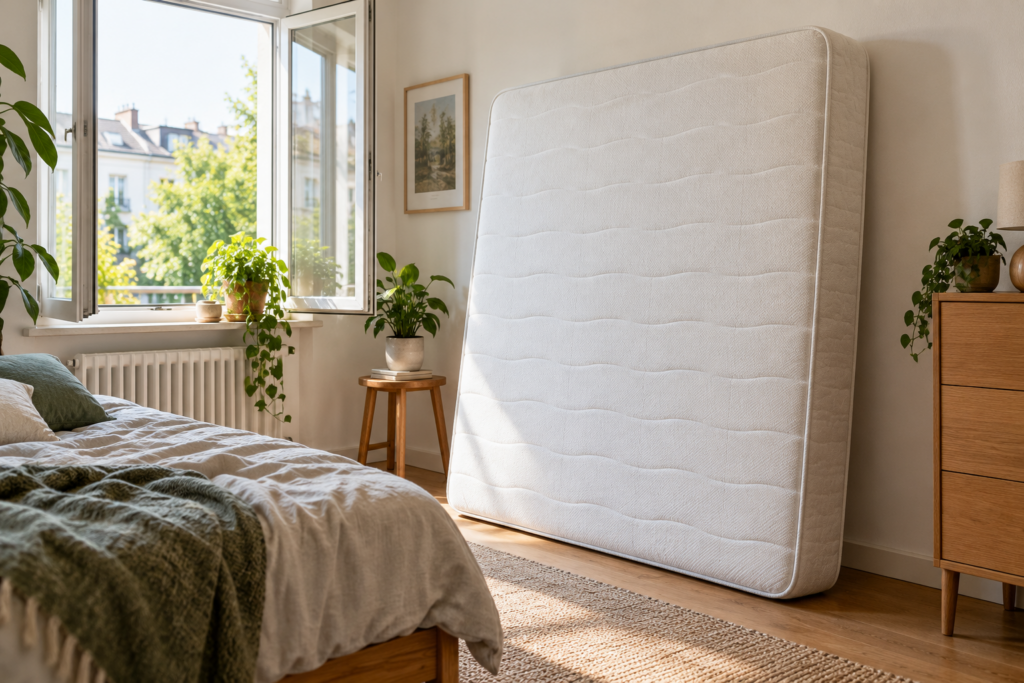 Helle Matratze steht an einer Wand neben dem geöffneten Schlafzimmerfenster.