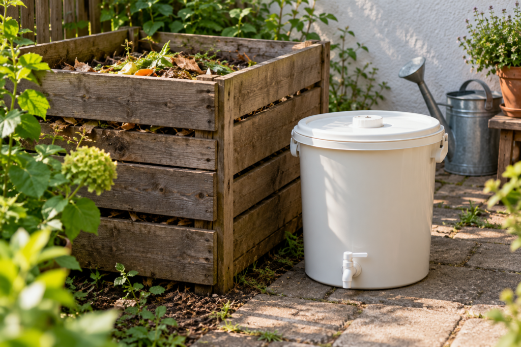 Geschlossener weißer Fermentiereimer mit Ablaufhahn neben einem hölzernen Gartenkomposter.