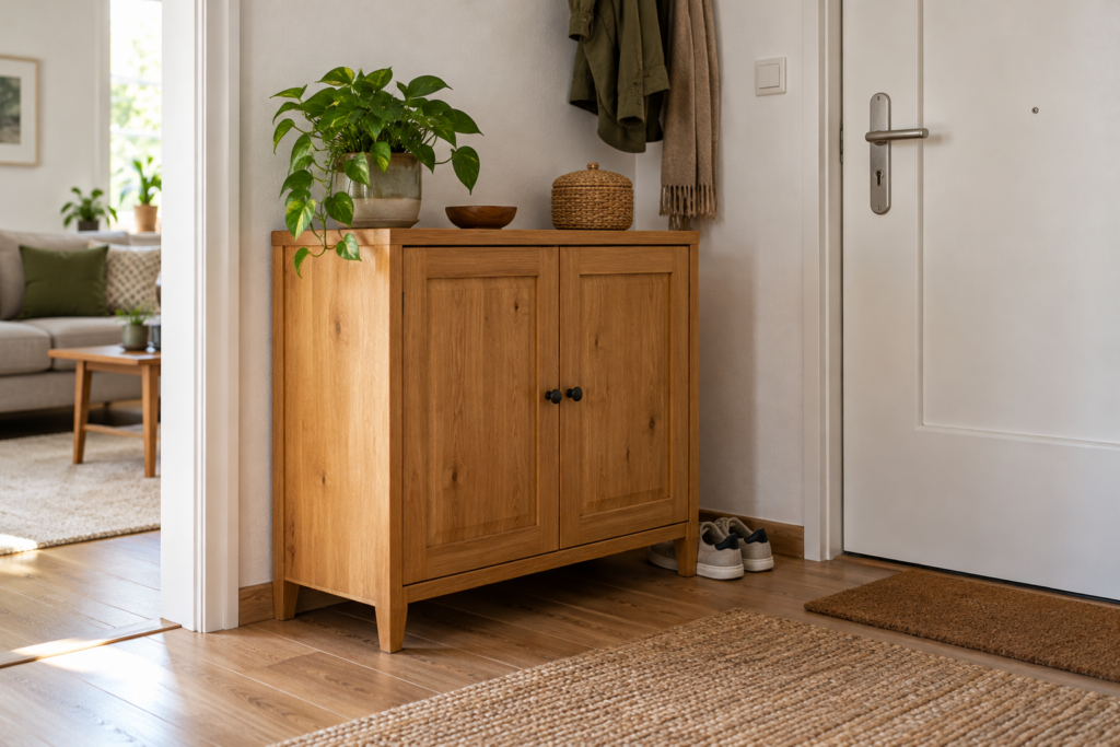 Kleiner gut erhaltener Holzschrank mit geschlossenen Türen im Eingangsbereich einer Wohnung.