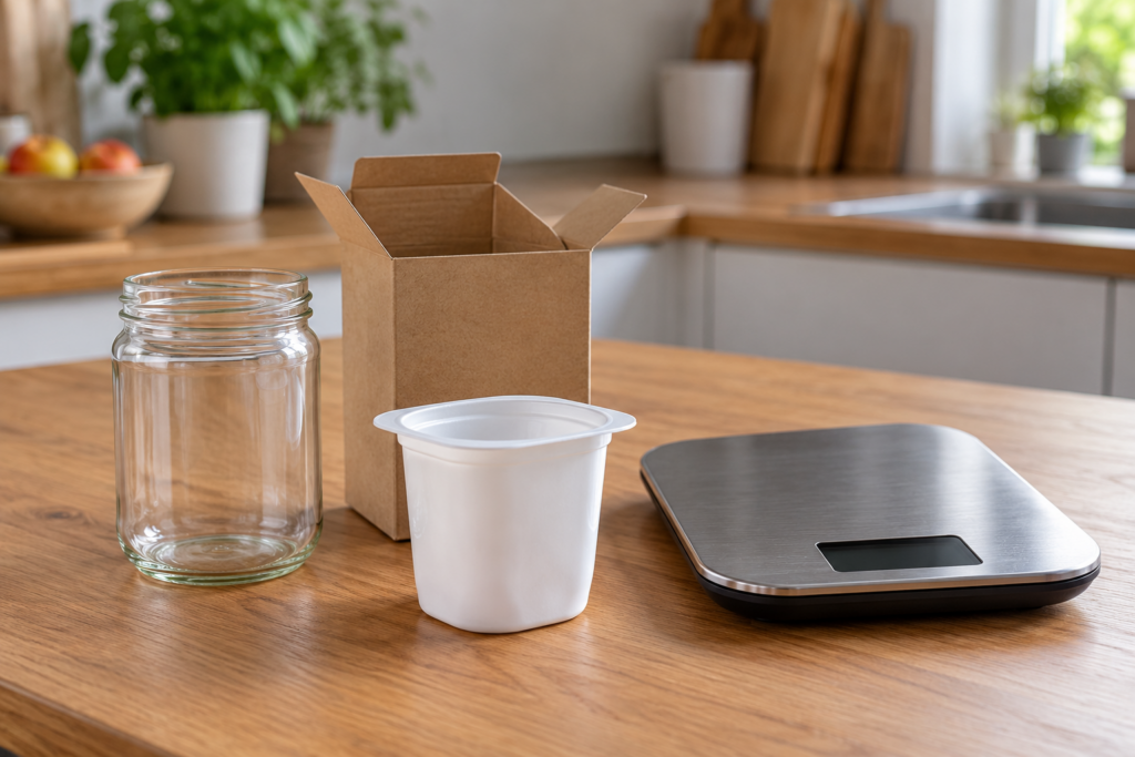 Küchenwaage mit ausgeschaltetem Display neben leerem Glas, weißem Becher und geöffnetem Karton auf einer Küchenfläche.