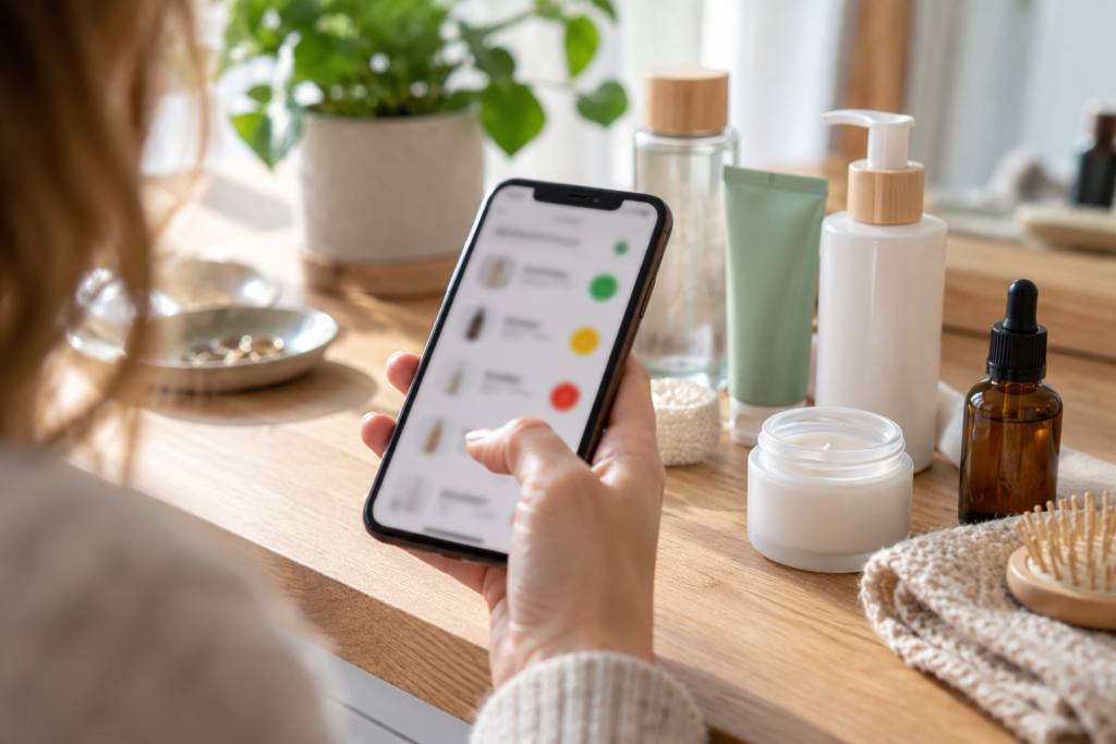 Eine Person betrachtet ein Smartphone mit unscharfen farbigen Bewertungspunkten neben Kosmetikbehältern.