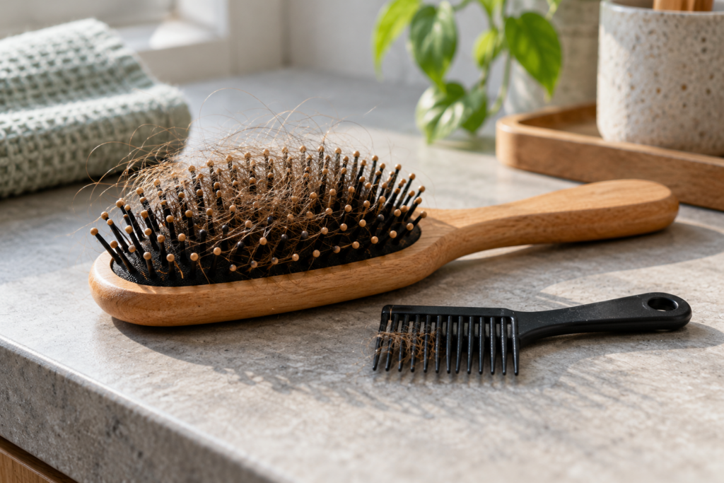 Eine Haarbürste mit sichtbaren Haaren liegt neben einem kleinen Reinigungskamm.