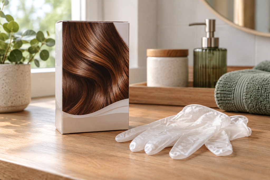 Eine geschlossene neutrale Haarfarbepackung steht neben unbenutzten Handschuhen.