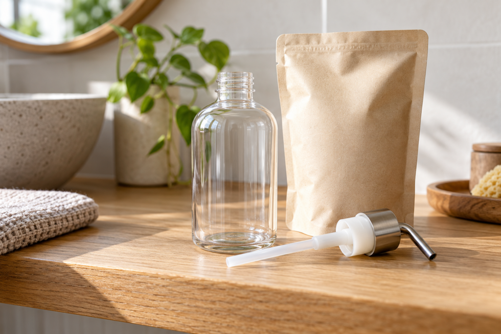 Ein leerer Seifenspender und seine abgeschraubte Pumpe liegen neben einer geschlossenen neutralen Nachfüllpackung.