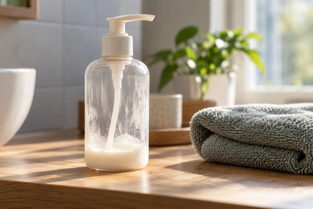 Eine fast leere transparente Lotionsflasche mit Pumpe steht neben einem gefalteten Handtuch.
