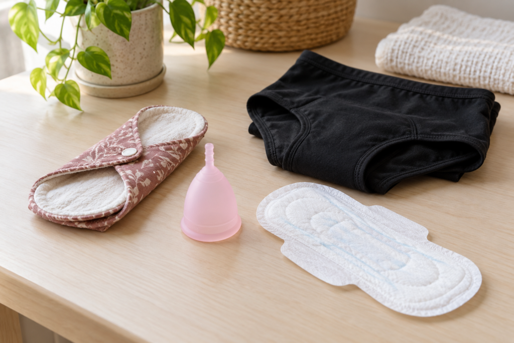 Unbenutzte Periodenprodukte auf einer sauberen Ablage: Stoffbinde, Einwegbinde, umgedrehte Menstruationstasse und gefaltete Periodenwäsche.