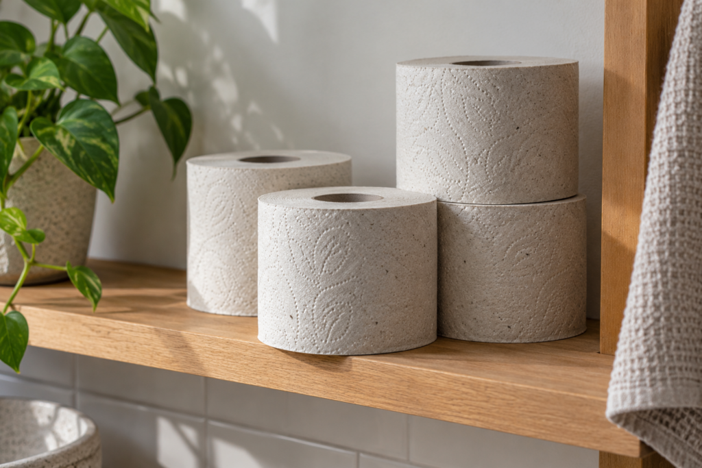 Mehrere schlichte Toilettenpapierrollen ohne Verpackung auf einer Holzablage.
