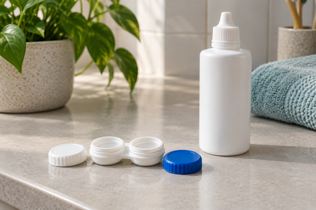 Geöffneter Kontaktlinsenbehälter mit zwei getrennten Fächern und abgenommenen Deckeln neben einer verschlossenen weißen Flasche.