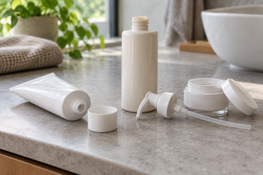 Unbeschriftete Tube, Flasche und Cremetiegel mit abgenommenen Verschlüssen und separat abgelegter Dosierpumpe auf einer Badezimmerablage.