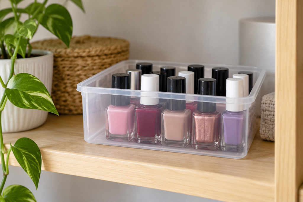 Mehrere verschlossene Nagellackfläschchen stehen aufrecht in einer transparenten Aufbewahrungsbox auf einem Regal.