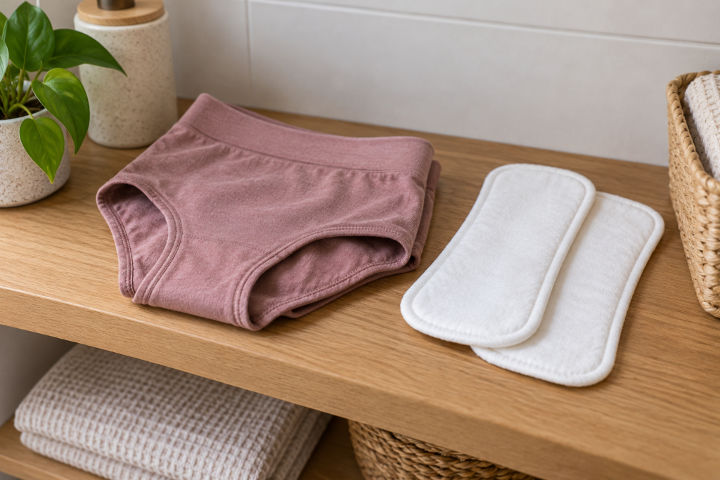 Rosafarbene Unterhose und zwei weiße textile Einlagen auf einer hellen Badezimmerablage.