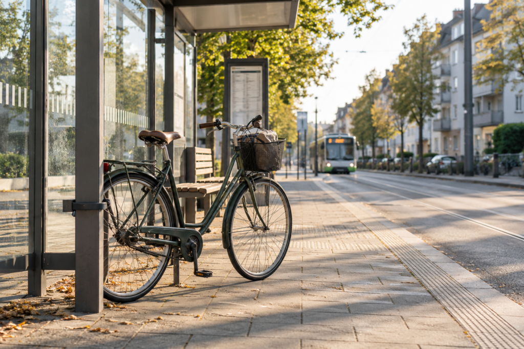 Fahrrad an einer städtischen Haltestelle.