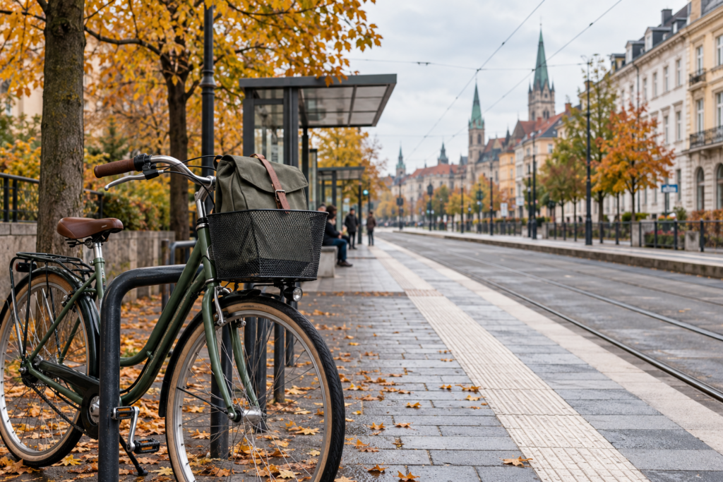 Ein Fahrrad mit Tasche steht an einer Straßenbahnhaltestelle.