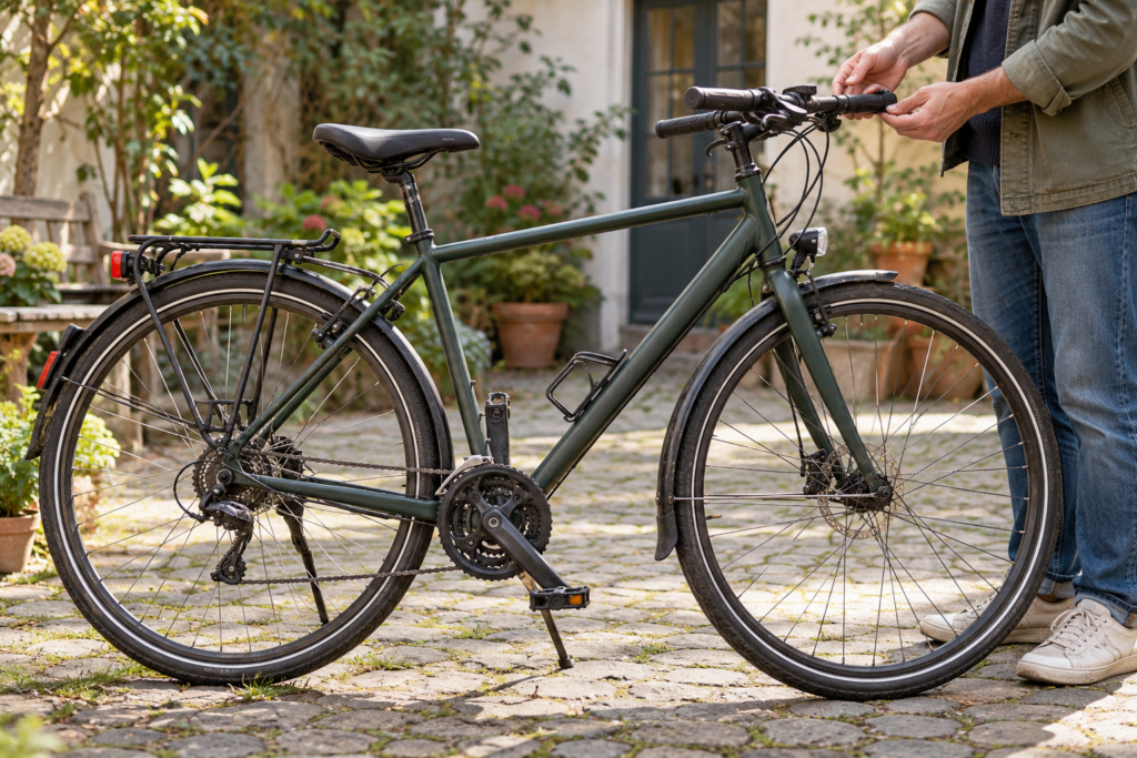 Eine Person betrachtet den Lenker eines gebrauchten Fahrrads.