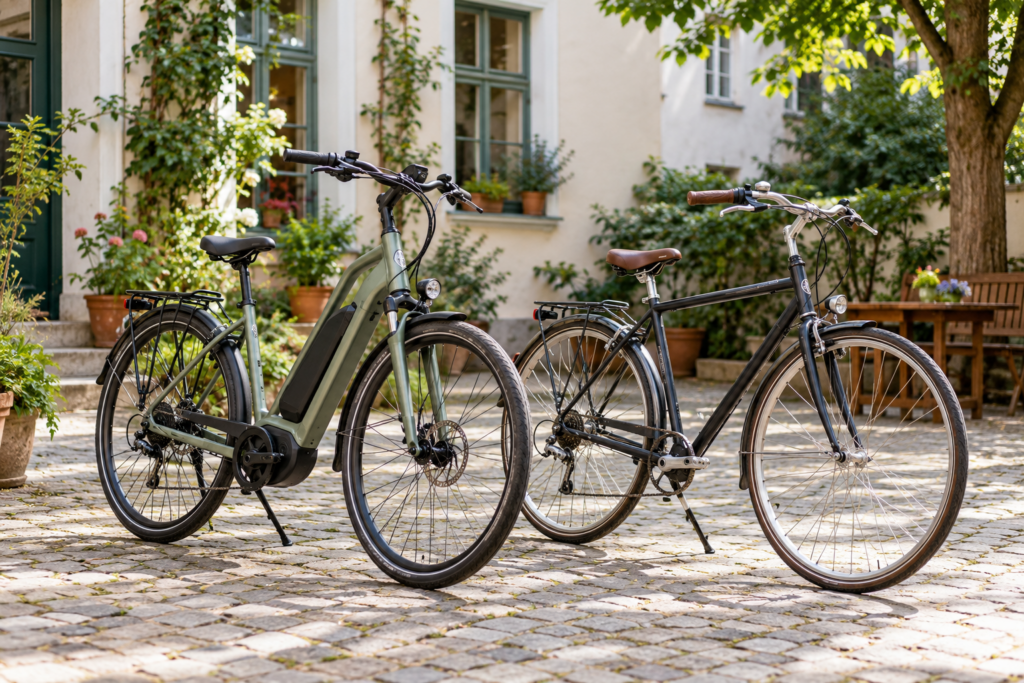 Ein Pedelec und ein Fahrrad ohne Motor stehen in einem Innenhof.