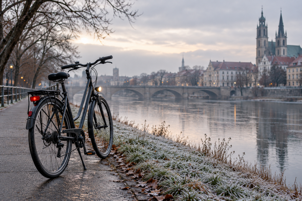 Ein Fahrrad mit eingeschaltetem Licht neben einem Weg an einem frostigen Morgen.