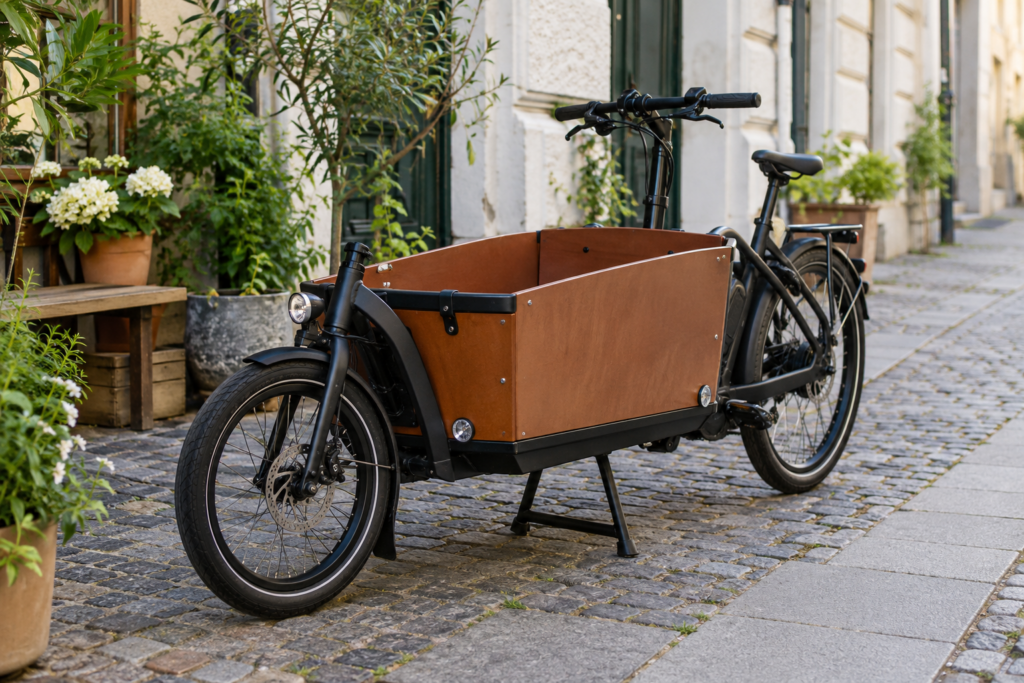 Ein geparktes zweirädriges Lastenrad mit leerer Transportbox auf einer gepflasterten Fläche.