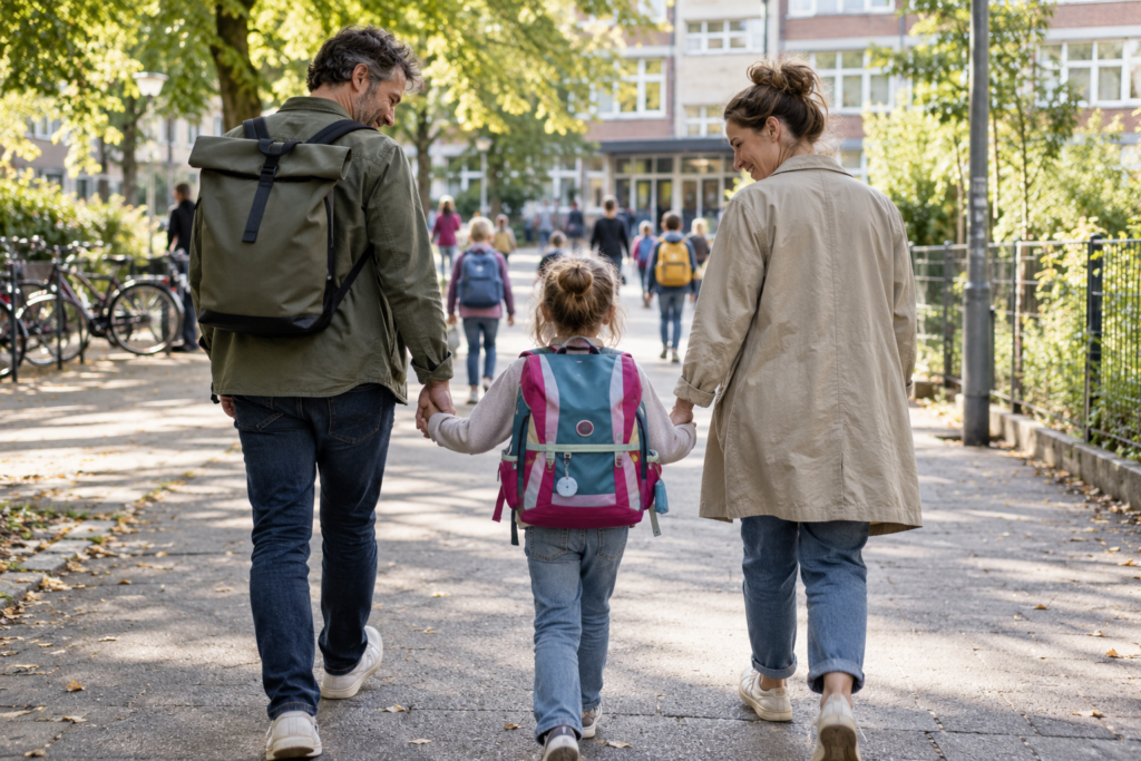 Zwei Erwachsene begleiten ein Kind mit Schulranzen zu Fuß zur Schule.