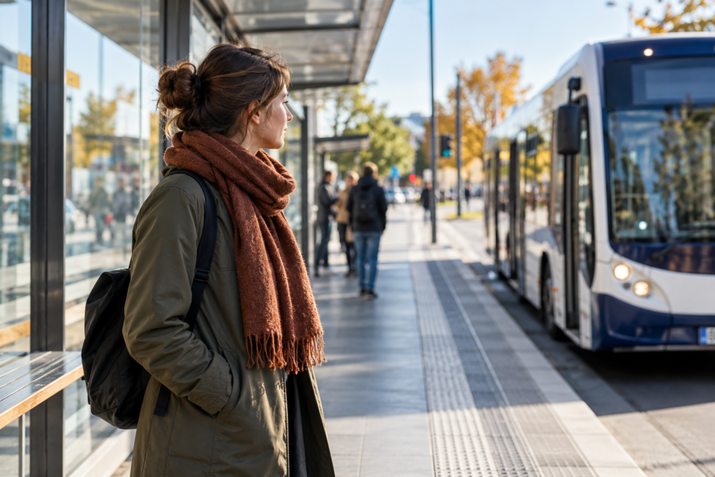Eine Person wartet an einer Haltestelle, während ein Bus heranfährt.