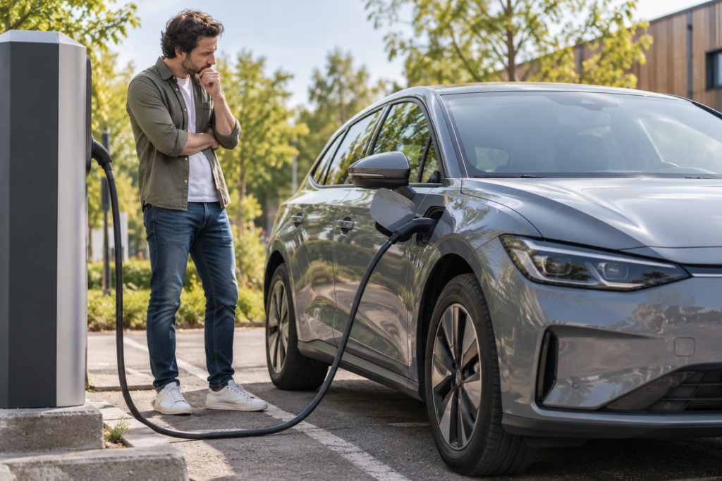 Ein Auto ist mit einer Ladesäule verbunden; daneben steht eine Person.