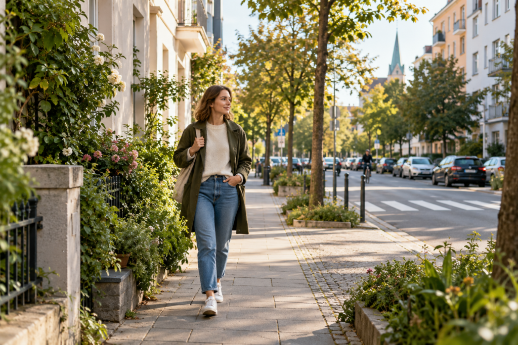 Eine fiktive Person geht auf einem baumbestandenen Gehweg durch ein Wohnviertel.