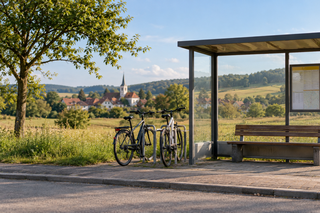 Zwei Fahrräder stehen neben einem Wartehäuschen in einer fiktiven ländlichen Umgebung.