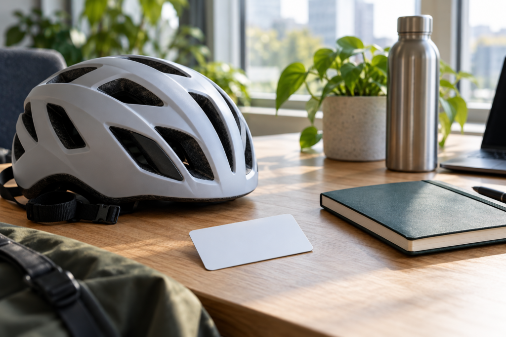 Ein Fahrradhelm, eine unbeschriftete Karte und ein Notizbuch liegen auf einem Bürotisch.